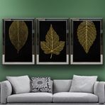 Altın Yapraklar-3 Temalı Aynalı Çerçeveli 3 lü Kanvas Tablo Seti 150x70 cm SETS0259