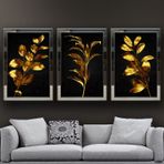 Altın Yapraklar-5 Temalı Aynalı Çerçeveli 3 lü Kanvas Tablo Seti 150x70 cm SETS0351