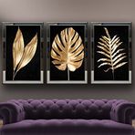 Altın Yapraklar-6 Temalı Aynalı Çerçeveli 3 lü Kanvas Tablo Seti 150x70 cm SETS0355