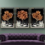 Altın Yapraklı Ağaçdalları Temalı Aynalı Çerçeveli 3 lü Kanvas Tablo Seti 150x70 cm SETS0263