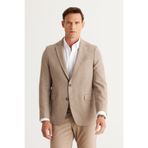 ALTINYILDIZ CLASSICS Bej Regular Fit Geniş Kesim Mono Yaka Diagonal Desenli Yünlü Blazer Ceket