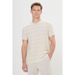 Altınyıldız Classics Erkek Bej-Ekru Keten Slim Fit Dar Kesim Bisiklet Yaka Çizgili Tişört - Bej - Ekru
