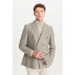 ALTINYILDIZ CLASSICS Erkek Bej Yünlü Slim Fit Kırlangıç Yaka Kapak Cepli Diagonal Desenli Blazer Kruvaze Ceket