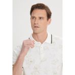 ALTINYILDIZ CLASSICS Erkek Beyaz-Haki Slim Fit Dar Kesim %100 Pamuk Çiçek Baskılı Polo Yaka Tişört - Beyaz - Haki