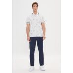 ALTINYILDIZ CLASSICS Erkek Beyaz-Lacivert Slim Fit Dar Kesim %100 Pamuk Çiçek Baskılı Polo Yaka Tişört - Beyaz - Lacivert