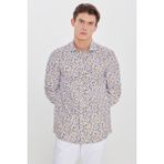 Altınyıldız Classics Erkek Beyaz-Sarı Pamuklu Slim Fit Dar Kesim Büyük İtalyan Yaka Baskılı Gömlek - Beyaz - Sarı - 2XL