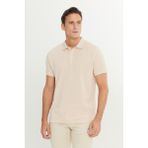 Altınyıldız Classics Erkek Çekmeyen Pamuklu Kumaş Slim Fit Dar Kesim Açık Bej-Beyaz Kıvrılmaz Polo Yaka Tişört