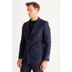 ALTINYILDIZ CLASSICS Erkek Lacivert Slim Fit Dar Kesim Kırlangıç Yaka%100 Yün Çizgili Takım Elbise, Lacivert, 50-6 Drop