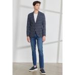 ALTINYILDIZ CLASSICS Erkek Lacivert Slim Fit Dar Kesim Mono Yaka Kazayağı Desenli Blazer Ceket