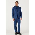 ALTINYILDIZ CLASSICS Erkek Mavi Slim Fit Dar Kesim Mono Yaka Kareli Klasik Yünlü Takım Elbise - 46 - 6 Drop