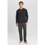 Altınyıldız Classics Erkek Siyah %100 Pamuk Standart Fit Hakim Yaka Desenli Cepli Pijama Takımı Damat Bohçası