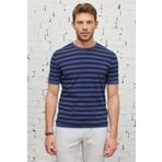 ALTINYILDIZ CLASSICS Standart Fit Normal Kesim Bisiklet Yaka Pamuklu Çizgili Triko Tişört, Renk Laci-Indigo, Beden L