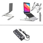 Alüminyum Ayarlı Laptop Macbook Notebook iPad Tablet Yükseltici Tutucu Standı + 4 Port USB 2.0 Çoklayıcı Çoğaltıcı Hub Anahtarlı Işıklı On Off