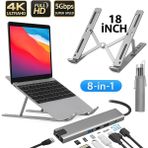 Alüminyum Ayarlı Laptop Macbook Notebook iPad Tablet Yükseltici Tutucu Standı ve Macbook Pro Air USB Çoklayıcı 8in1 Hub Type-C 4K Hdmı Sd Tf Kart Okuyucu USB 3.0 Okuyucu Adaptör - Gri