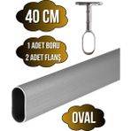 Alüminyum Oval Dolap Mobilya Askı Borusu(2 Adet Ayaklı Açık Flanş-1 Adet BORU)(EN:15MM BOY:25MM) - 40cm