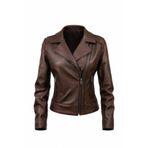 Always Leather Kadın Hakiki Deri Ceket - Asimetrik Fermuarlı Biker Model Kahverengi S