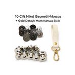 Alya trend Çanta Mıknatısı Geçmeli Mıknatıslı Çıtçıt 10 Çift + Gold Detaylı Krem Mum Kanvas Elcik İkili Set