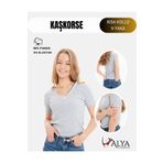 ALYA UNDERWEAR V Yaka Kaşkorse Kumaşlı Kısa Kollu Bluz, T-shirt Esnek Ve Pamuklu Kumaş Body, Gri Melanj Badi