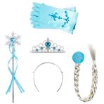 Amacoama 4'lü set Frozen Elsa aksesuar seti fantezi elbise kız prenses taç kafa bandı örgü sihirli değnek eldiven prenses kostüm aksesuarları buz prenses elbise seti (açık mavi)