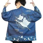 Ambcol Erkek Japon Haori Ceket Kimono Hırka 3/4 Kollu Noragi Rahat Happi Ceket, E2-mavi, XL