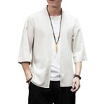 Ambcol Erkek japon Kimono hırka gevşek pamuk keten 3/4 kollu açık ön rahat yaz gömlek ceketler, 12-bej, XL