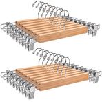 Amber Home 20 adet 36 cm doğal ahşap elbise askısı, sağlam ve parlak pantolon askısı, pantolon, şort, etek, çorap, iç çamaşırı için, kaymaz klipsli ve döner kancalı