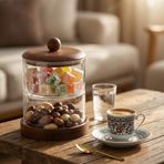 AmberHaus 2 Katlı Akasya Kapaklı ve Tabanlı Cam Şekerlik - Kule Tipi Şeffaf Lokumluk ve Drajelik - Kahve Yanı İkramlık Sunum Kasesi (2x200 ml)