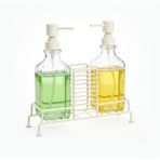 AmberHaus 2'li Standlı Kare Cam Sabunluk Seti | 2 x 500 ml | Ferforje Metal Standlı Siyah & Krem Renk Seçeneği | Sünger/Fırça Bölmeli Mutfak ve Banyo Düzenleyici (Krem)