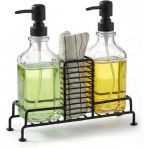 Amberhaus 2'Li Standlı Kare Cam Sabunluk Seti | 2 X 500 Ml | Ferforje Metal Standlı (Siyah) | Sünger/Fırça Bölmeli Mutfak Banyo Düzenleyici
