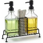 Amberhaus 2'li Standlı Kare Cam Sabunluk Seti | 2 x 500 ml | Ferforje Metal Standlı (Siyah) | Sünger/fırça Bölmeli Mutfak ve Banyo Düzenleyici - 0,25 gr