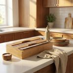 AmberHaus Bambu 2 Bölmeli Streç ve Alüminyum Folyo Kutusu | Duvara Monte Edilebilir Folyo Kesici | 17,5x9,5x10 cm | Mutfak Düzenleyici Organizer