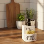 AmberHaus Beyaz Seramik Sıvı Sabunluk ve Süngerlik Seti | 500 ml | Mutfak ve Banyo Tezgahı İçin 2'si 1 Arada | Kaymaz Tabanlı, Şık Bulaşık Sabunu Dispenseri