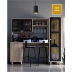 Ambiyans Bar Masası+Kahve Köşesi Dolabı | LED Aydınlatma | Temperli Cam ve Jüt Kumaş Mdf Kapak - Kahverengi