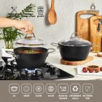 Amboss Dark 24 cm Siyah Granit Cam Kapaklı Basık Tencere