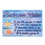 AMERICAN WIT "Banyo Kuralları" Metal Teneke Levha (20,32 cm x 30,48 cm) Plaj Görünümü, Barlar, Restoranlar, Evler, Okullar, Kolejler, Yurtlar vb. için Duvar Dekoru (Denizyıldızı ve Deniz Kabuğu)