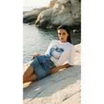 Amia&Co. Beyaz Oversize Bisiklet Yaka Deniz Temalı Baskılı Basic Kısa Kollu Kadın T-Shirt