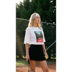 Amia&Co. Beyaz Oversize Tenis Kortu Baskılı Bisiklet Yaka Basic Kısa Kollu Kadın T-Shirt