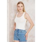 Amida Beyaz Fitilli Görünümlü Basic Kalın Askılı Kadın Crop Atlet- 2403 - XL