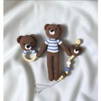 Amigurumi Kahverengi Ayıcık Seti, Organik Örgü Oyuncak, Uyku Arkadaşı, Çıngırak ve Emzik Zinciri, Bebek Hediye Seti