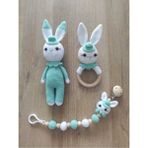 Amigurumi Yenidoğan Uyku Arkadaşı Tavşan, Çıngırak ve Emzik Zinciri Set. 1 Adet