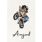 Amjad: Cahier personnalisé avec prénom Amjad | Cadeau d'anniversaire pour enfant, garçon, homme, copain ... | Chat à bicyclette | 110 pages lignée, Petit Format 6x9 pouces (15,24 x 22,86 cm)