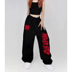 Amor Face Büyük Beden Özel Tasarım Sokak Modası Neverstop Baskılı Kışlık Hip Hop Ispanyol Paça Kadın Eşofman Altı - 8XL - Siyah
