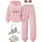 Amor Face Büyük Beden Özel Üretim Kapüşonlu Pembe Kurdele Baskılı Kışlık Modern Kadın Eşofman Takımı - 9XL