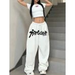 Amor Face Büyük Beden Sokak Modası Graffiti Baskılı Kışlık Ispanyol Paça Hip Hop Kadın Eşofman Altı - 2XS - Beyaz