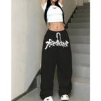 Amor Face Büyük Beden Sokak Modası Graffiti Baskılı Kışlık Ispanyol Paça Hip Hop Kadın Eşofman Altı - 5XL - Siyah