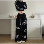Amor Face Özel Tasarım Minik Hello Kittyler Baskılı Şardonlu Kışlık Düz Paça Baggy Kadın Eşofman Altı - XS - Siyah