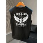 Amor Man Büyük Beden Özel Tasarım Brooklyn Sırt Baskılı %100 Pamuk Yeni Trend Kolsuz Erkek Battal T-Shırt - Siyah - 2XL