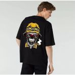 Amor Man Büyük Beden Özel Tasarım Şapkalı Kuru Kafa Baskılı %100 Pamuk Oversize Erkek T-Shırt - 6XL - Siyah