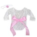 Amorar Bebek Kız Tulum Elbise Romper Kıyafet Yeni Doğan Fotoğrafçılık Prop Bebek Kıyafeti Dantel Oyun Elbisesi Sevimli Yay Bodysuit Body Fotoğrafçılık Tulum Elbise Aksesuar + Alın Bandı Seti
