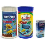 Amore Cichlid Mix 2X1000 ml Kutu Kırmızı Yeşil Alg ve Spirulina Karışık Granül Balık Yemi ve Fishvit - 2x1000ml Kutu + 30cc